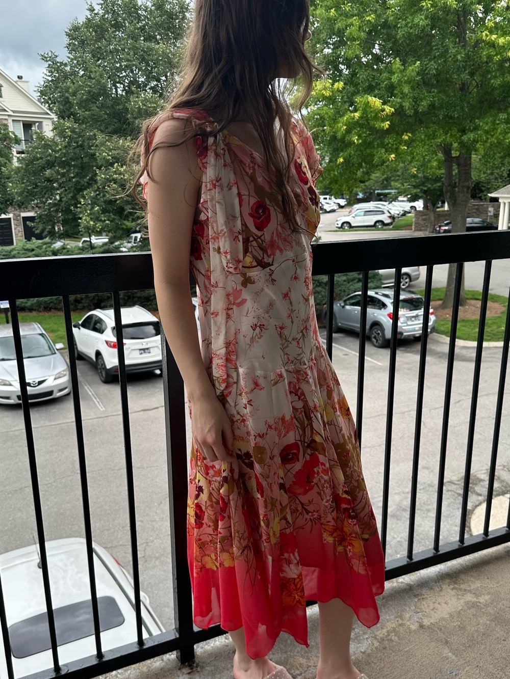 Chris McLaughlin Size 12 Floral Fit & Flare Midi Dress Pink Red Ruffle Sleeve